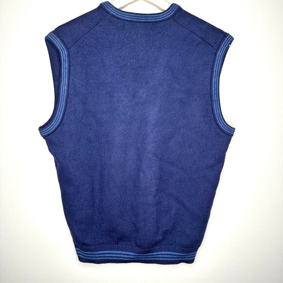 Bonanza Mens Lambs Wool Sweater Vest Vtg 80s Dad V Neck Ribbed Hem Blue Size 42 - Picture 2 of 6
